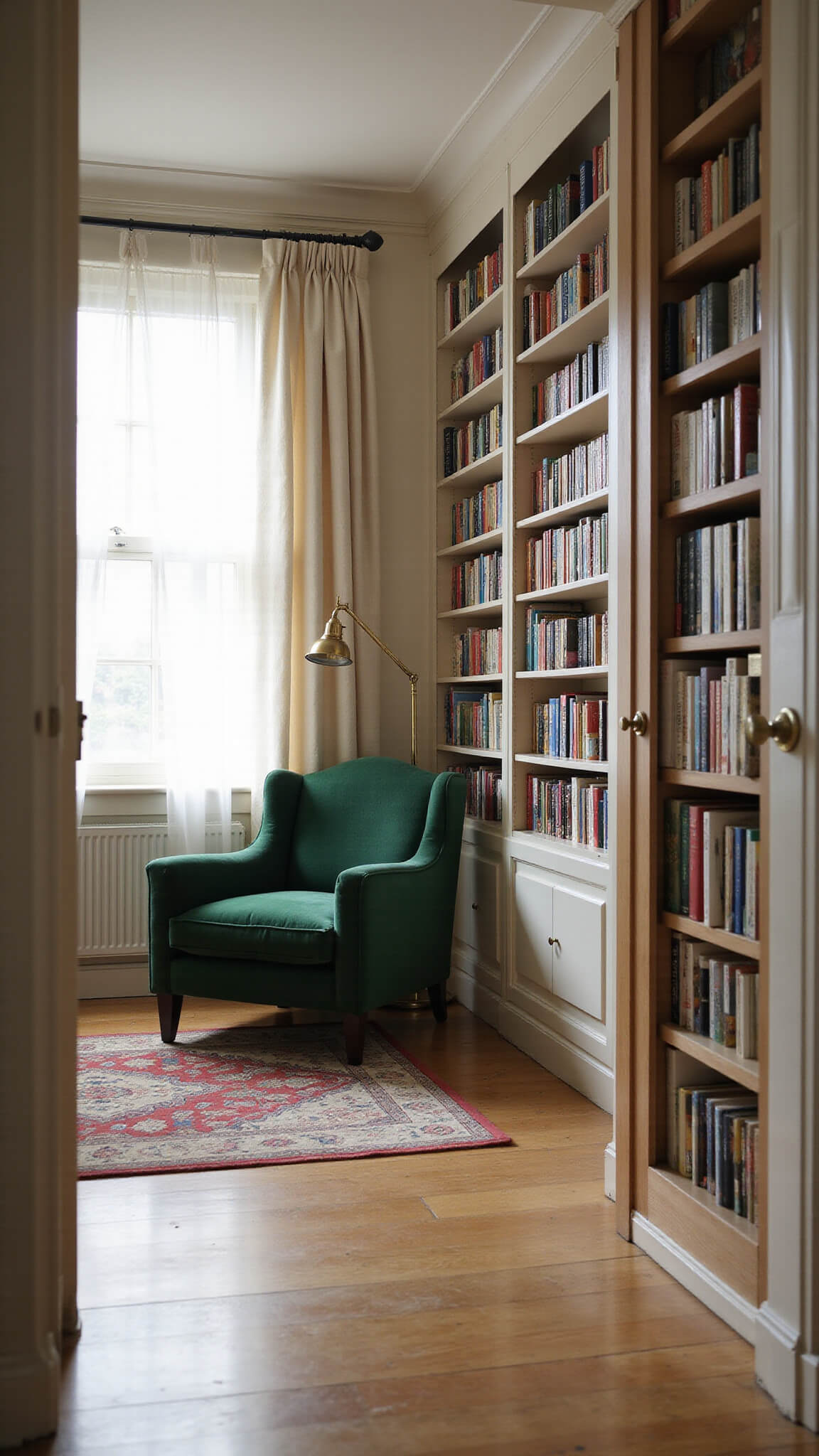 Spacious reading room with white oak bookshelves, emerald velvet armchair, brass floor lamp, and vintage Persian rug, bathed in soft morning light.