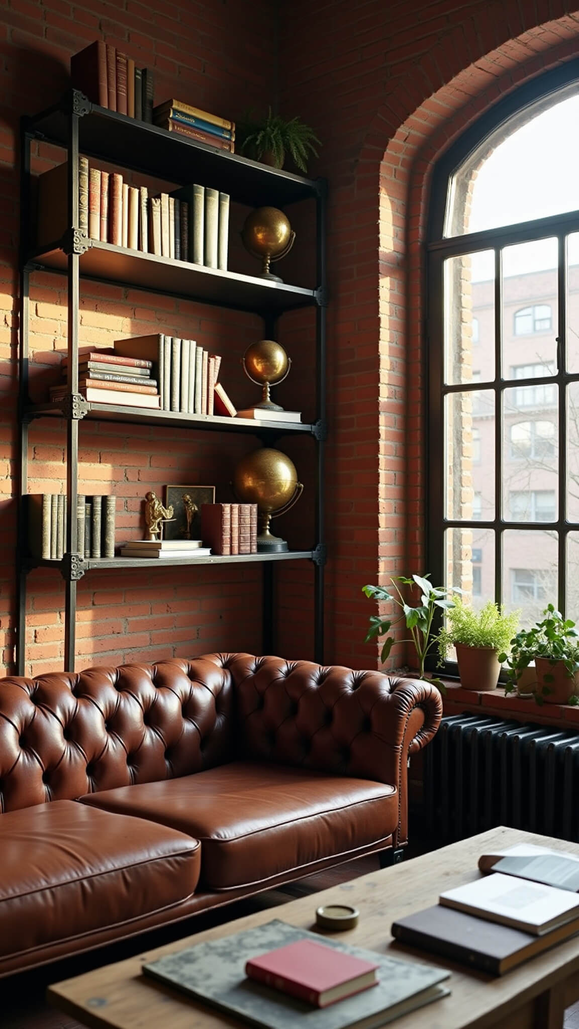 Low-angle view of a cozy 10x12 ft study with exposed brick walls, tall black metal shelves filled with books and vintage decor, a leather Chesterfield sofa, and golden hour light streaming through a large arched window.