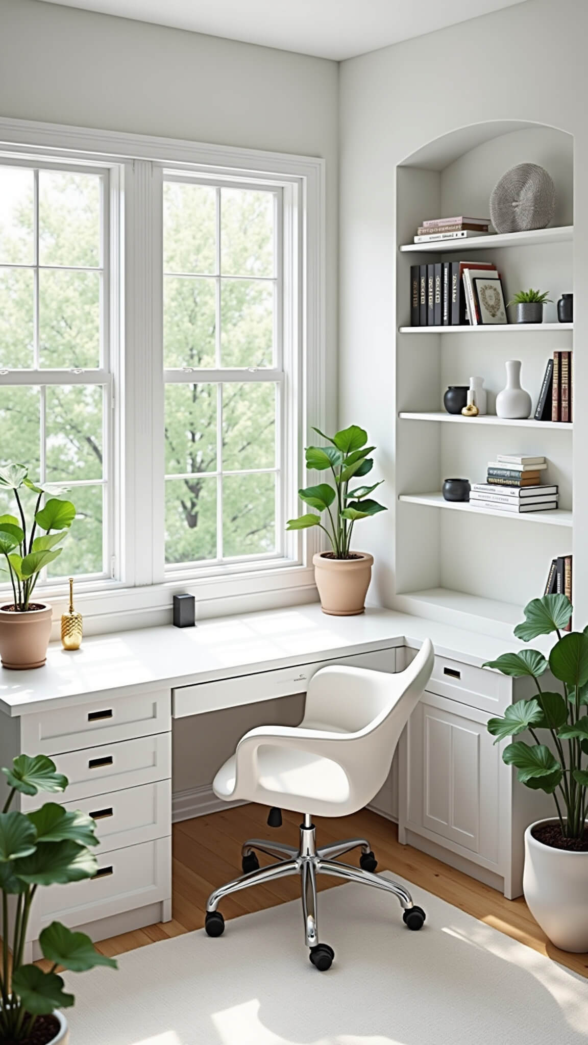High-angle view of a bright 12x14 ft corner nook with floor-to-ceiling windows, white desk and chair, geometric floating shelves, minimalist Scandinavian decor, and potted fiddle leaf fig trees.