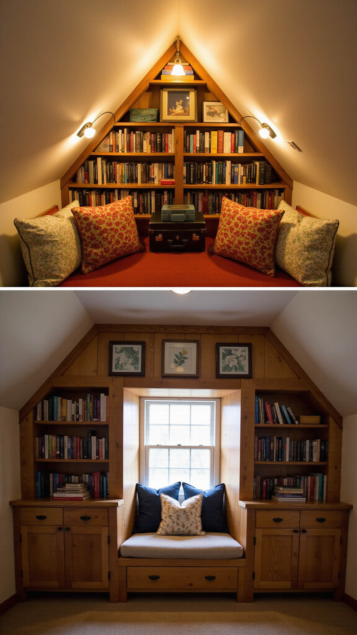 Close-up of a cozy attic reading nook with a cushioned window seat, colorful pillows, rustic pine bookshelves filled with books, and warm dim lighting.