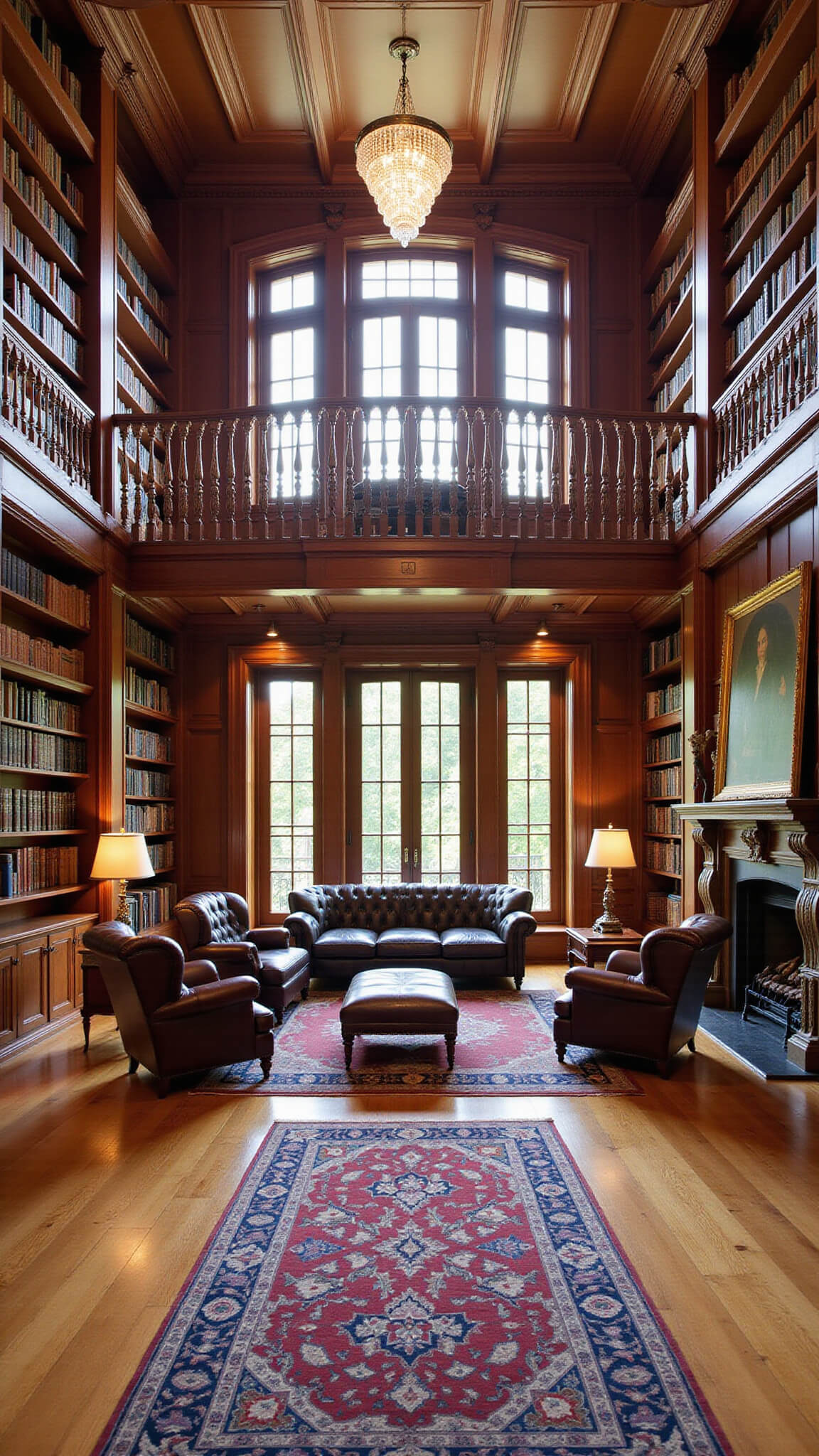 Grand two-story home library with mahogany shelves, tall mullioned windows, crystal chandeliers, leather seating around a fireplace, and oriental rugs, viewed wide-angle from the entrance.