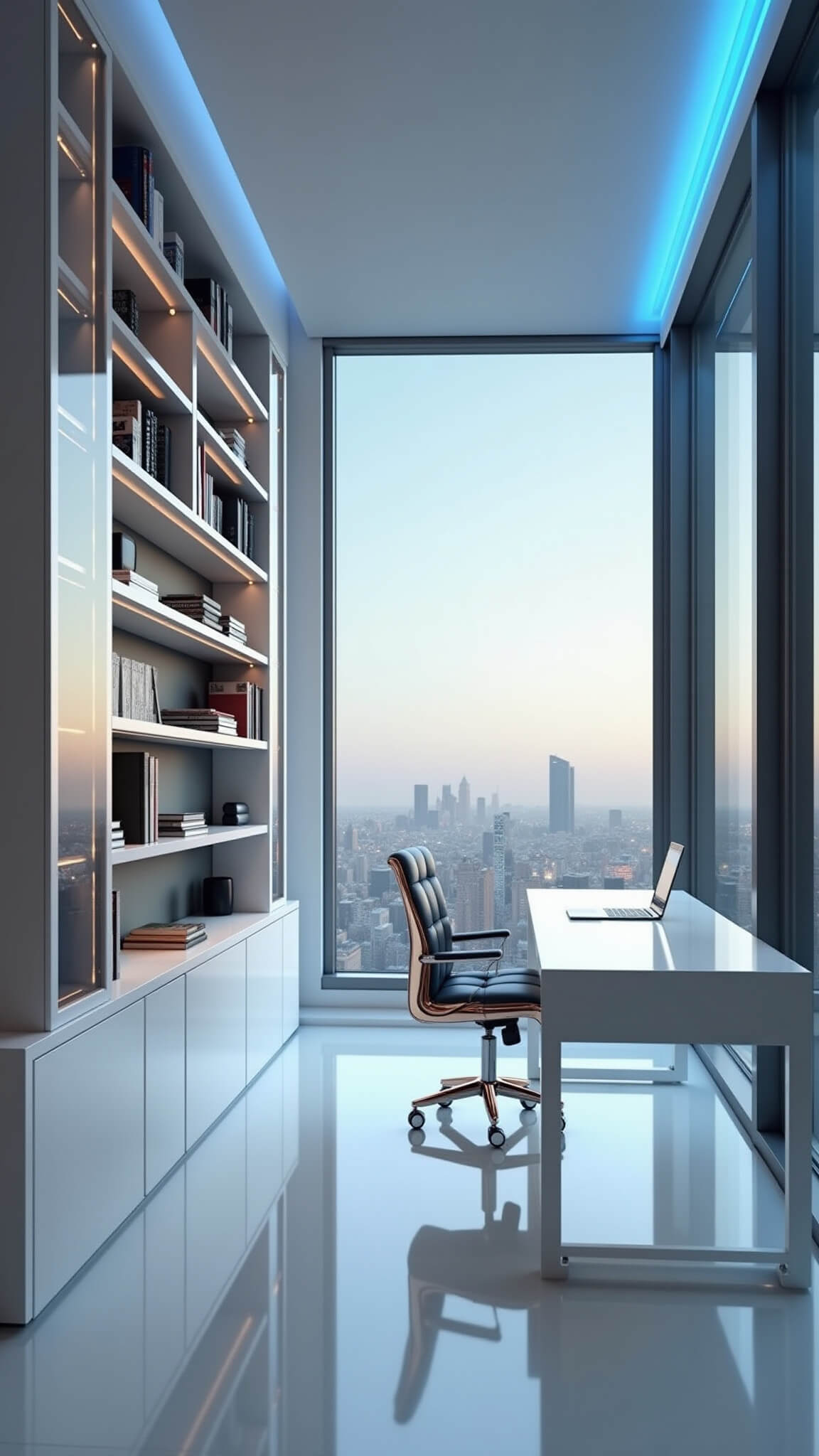 Low-angle view of a sleek 15x18 ft home office with floor-to-ceiling windows, modular white shelving, glass cabinets, and a floating white desk facing a cityscape, illuminated by cool blue LED lighting and accented with silver and rose gold details.