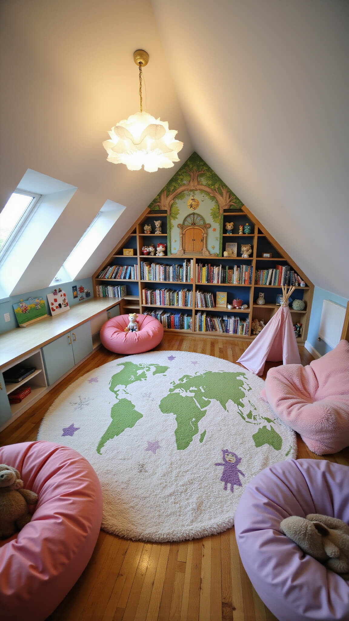 Whimsical children's reading room with treehouse-style bookshelves, cloud pendant lights, world map rug, bean bags, teepee, and storybook murals.