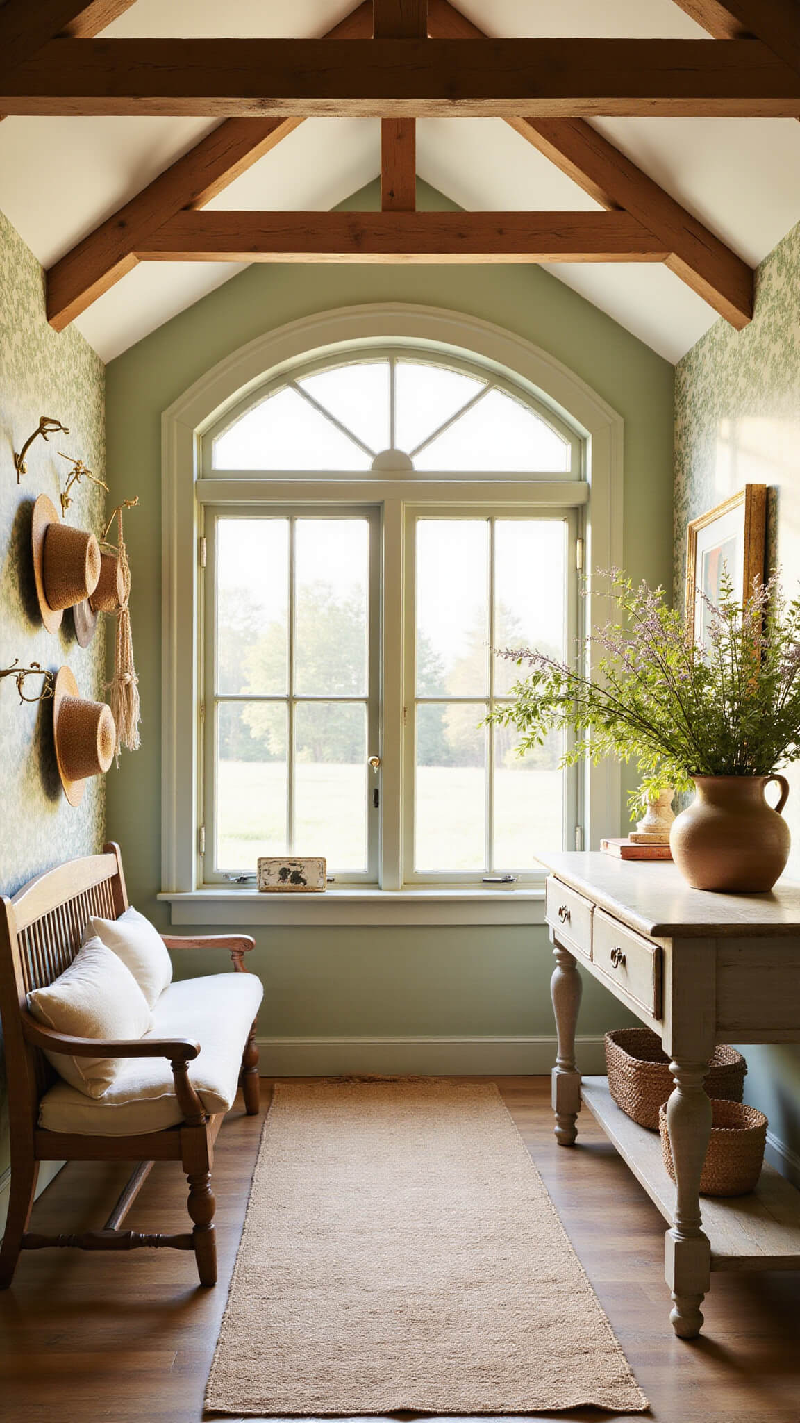 Cozy cottagecore entryway with vaulted ceilings, exposed wooden beams, arched window, vintage bench, botanical wallpaper, and warm golden hour lighting.