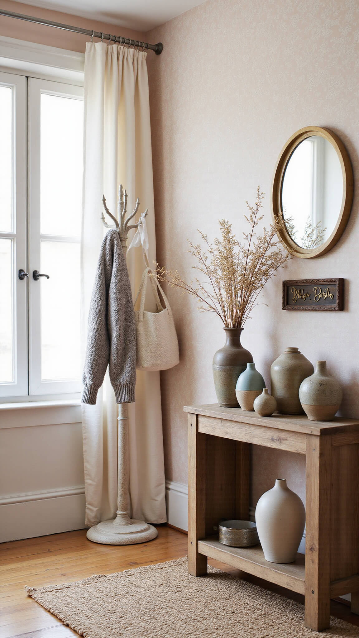 Cozy entryway with blush walls, vintage floral wallpaper, rustic console table, and soft morning light illuminating textured decor elements.