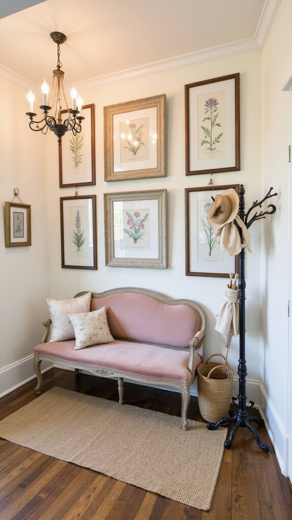 Eclectic vintage entryway with botanical art, dusty rose velvet bench, antique umbrella stand, layered rugs, and wrought iron coat tree under Edison bulb chandelier.