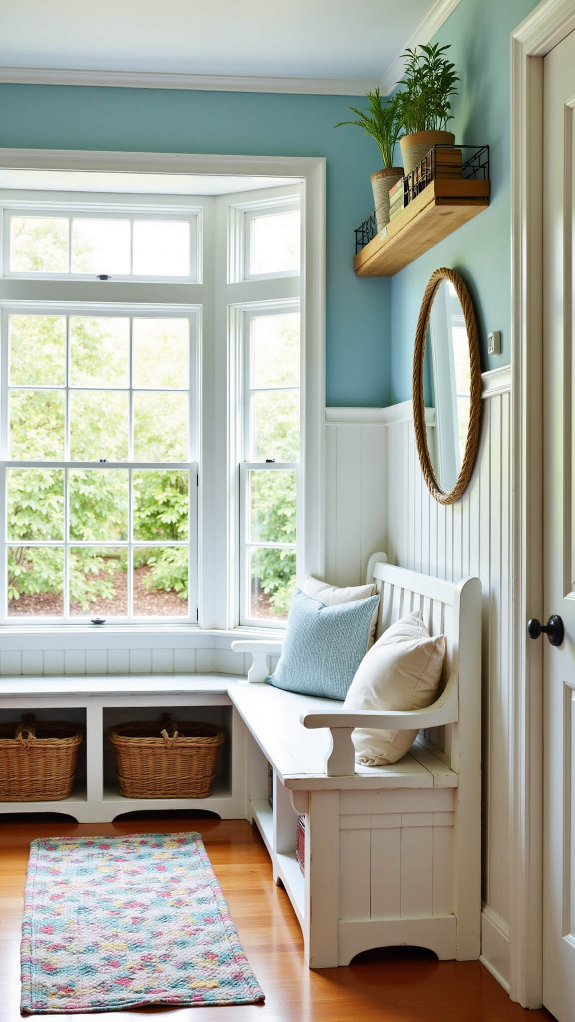 Bright cottage-style entryway with bay window, soft blue walls, white trim, storage bench, reclaimed wood shelf, round rope-framed mirror, and pastel rag rug on hardwood floors.