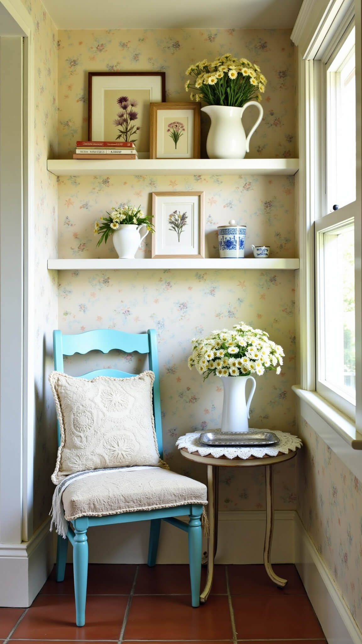 Close-up of a cozy entryway nook with a duck egg blue vintage chair, quilted cushion, floating shelves holding pressed flower art and pitchers of daisies, set against wildflower wallpaper.