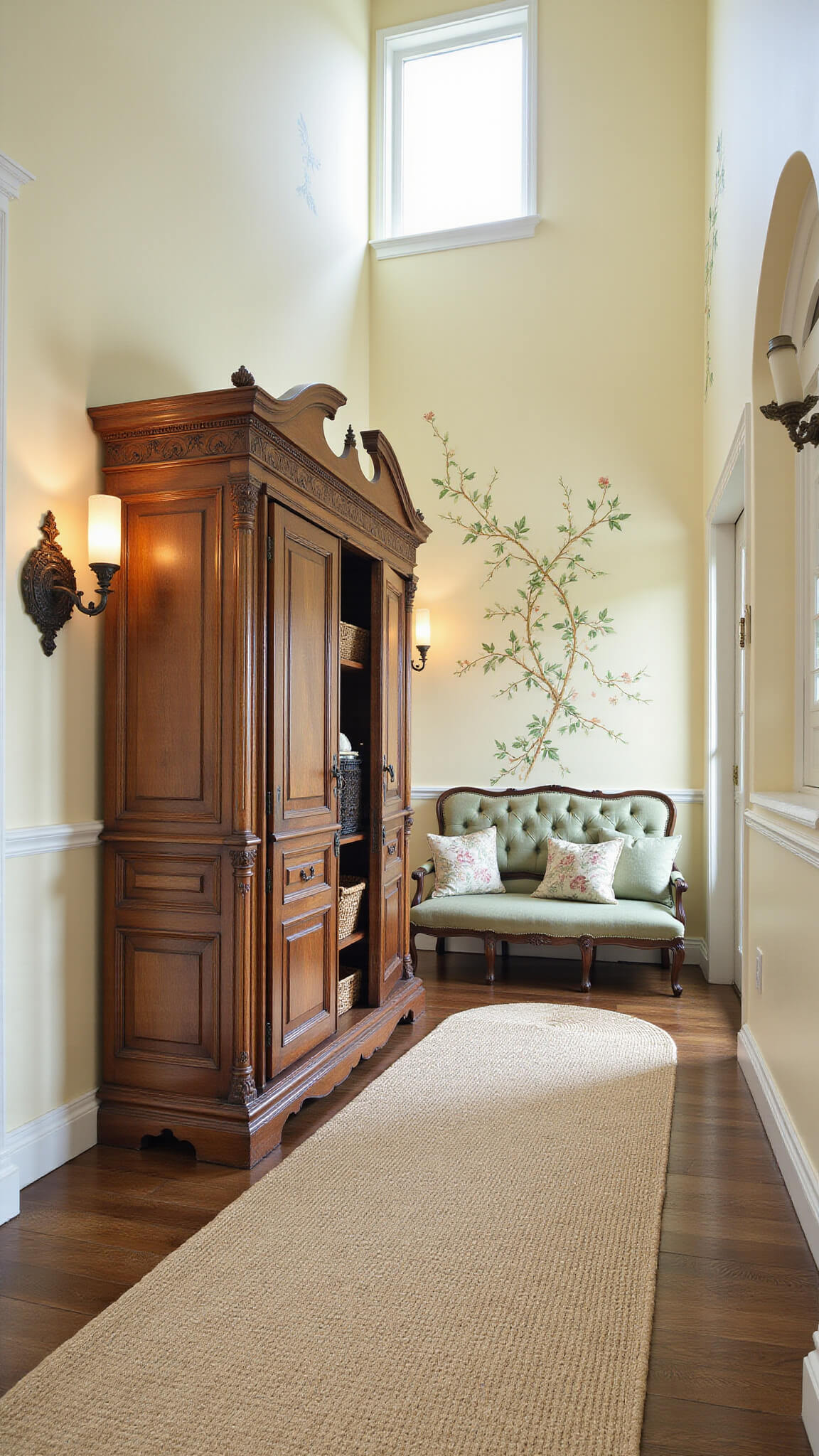 Airy 8x12 ft entryway with 12 ft ceilings, skylight, cream walls with vine and butterfly mural, antique carved armoire, sage green tufted settee, braided oval rug, and wrought iron sconces, shown in wide-angle from above.