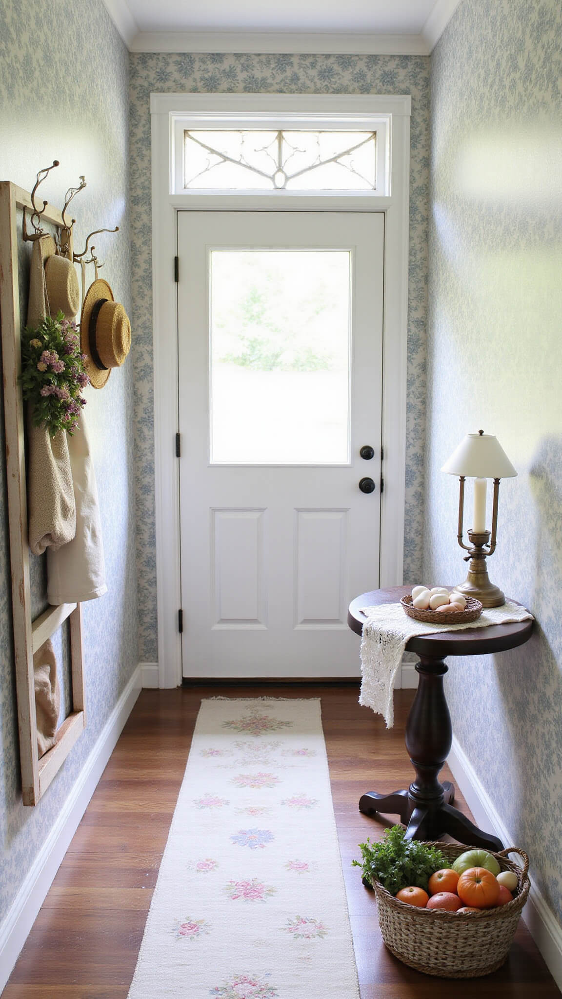 Cottagecore hallway with pale blue toile wallpaper, vintage coat rack holding straw hats and dried flowers, floral runner rug, and small table with lace cloth and oil lamp under soft natural light.