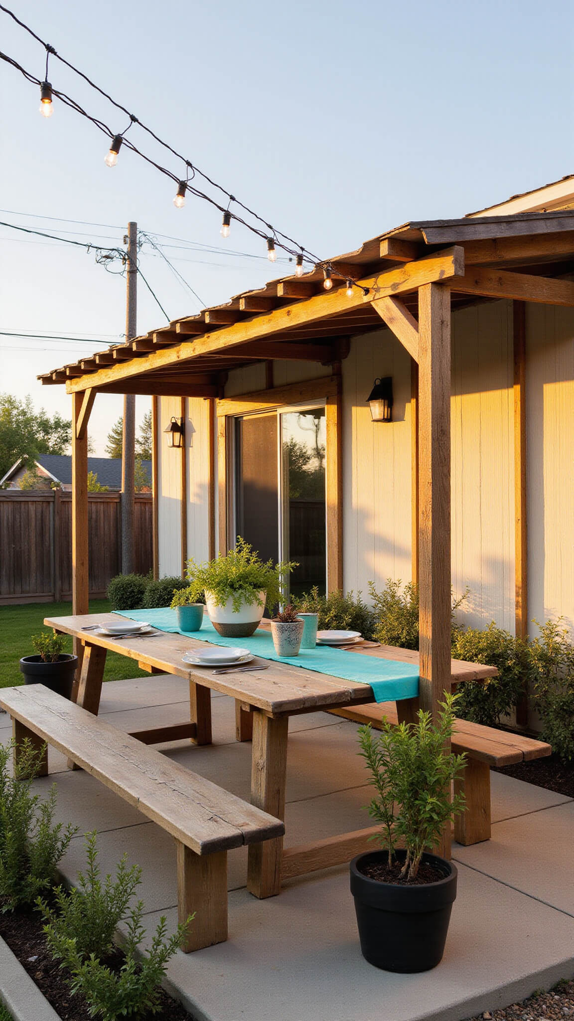 Cozy 12x15 ft patio at golden hour with a cedar lean-to cover, distressed wood dining set with teal runner, potted herbs, and overhead string lights in warm rustic ambiance.