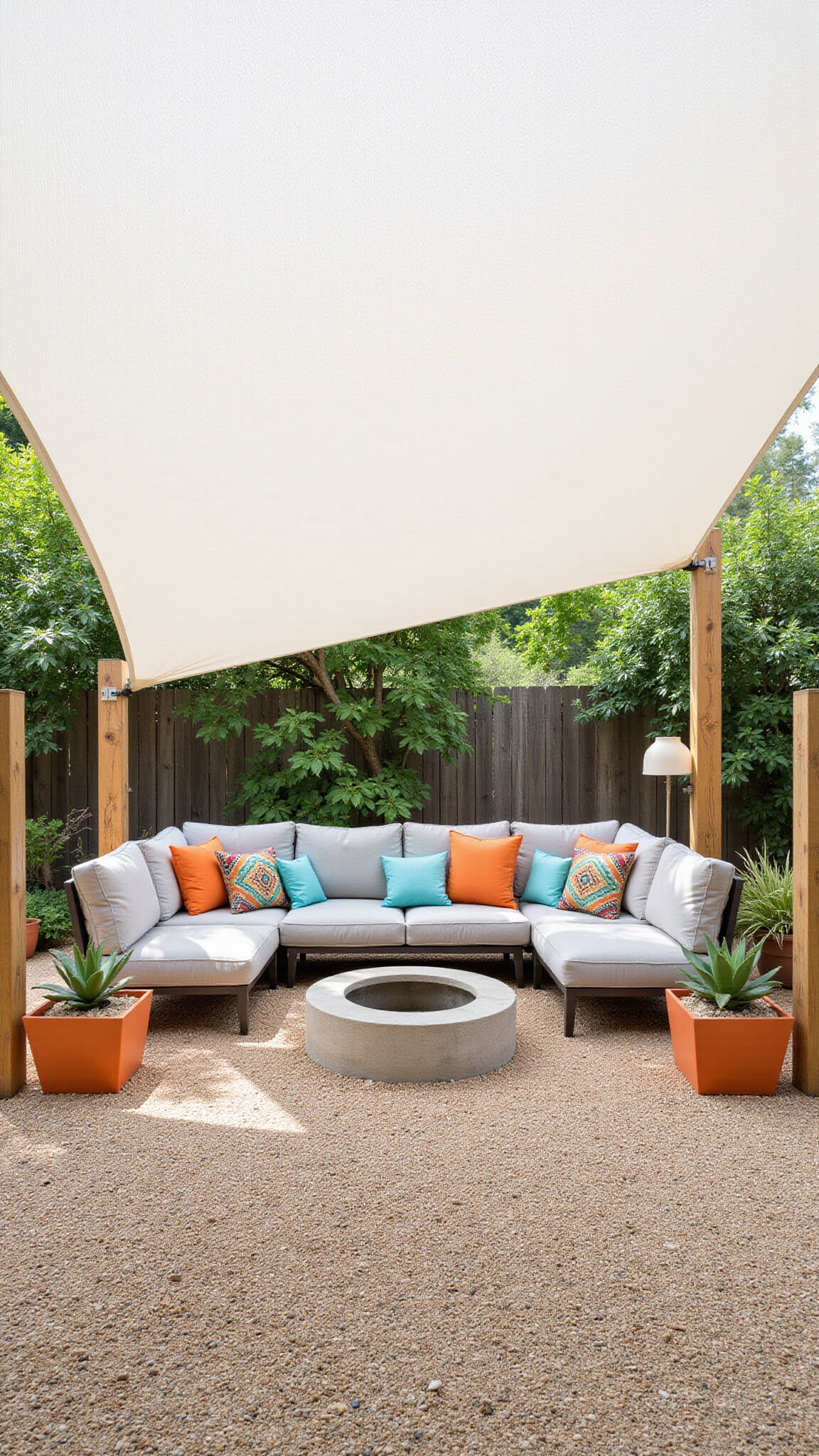 Modern backyard patio with white shade sail, gray sectional around concrete fire pit, colorful Southwestern pillows, succulents in geometric planters, and pea gravel ground under bright midday light.
