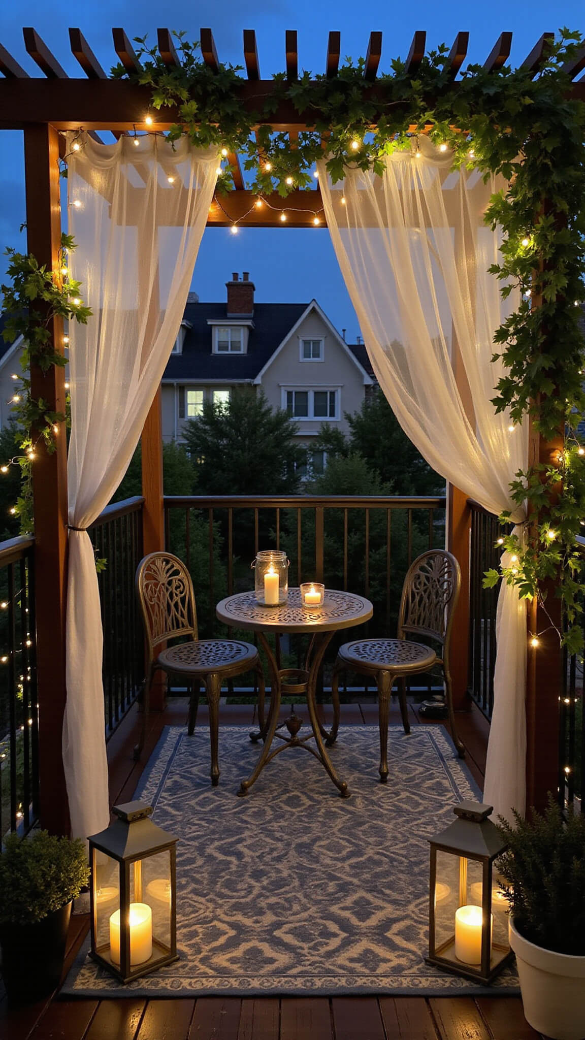 Romantic urban balcony at dusk with pergola draped in white curtains and fairy lights, jasmine vines, wrought iron bistro set on blue-gray rug, and lanterns glowing softly against a city skyline backdrop.
