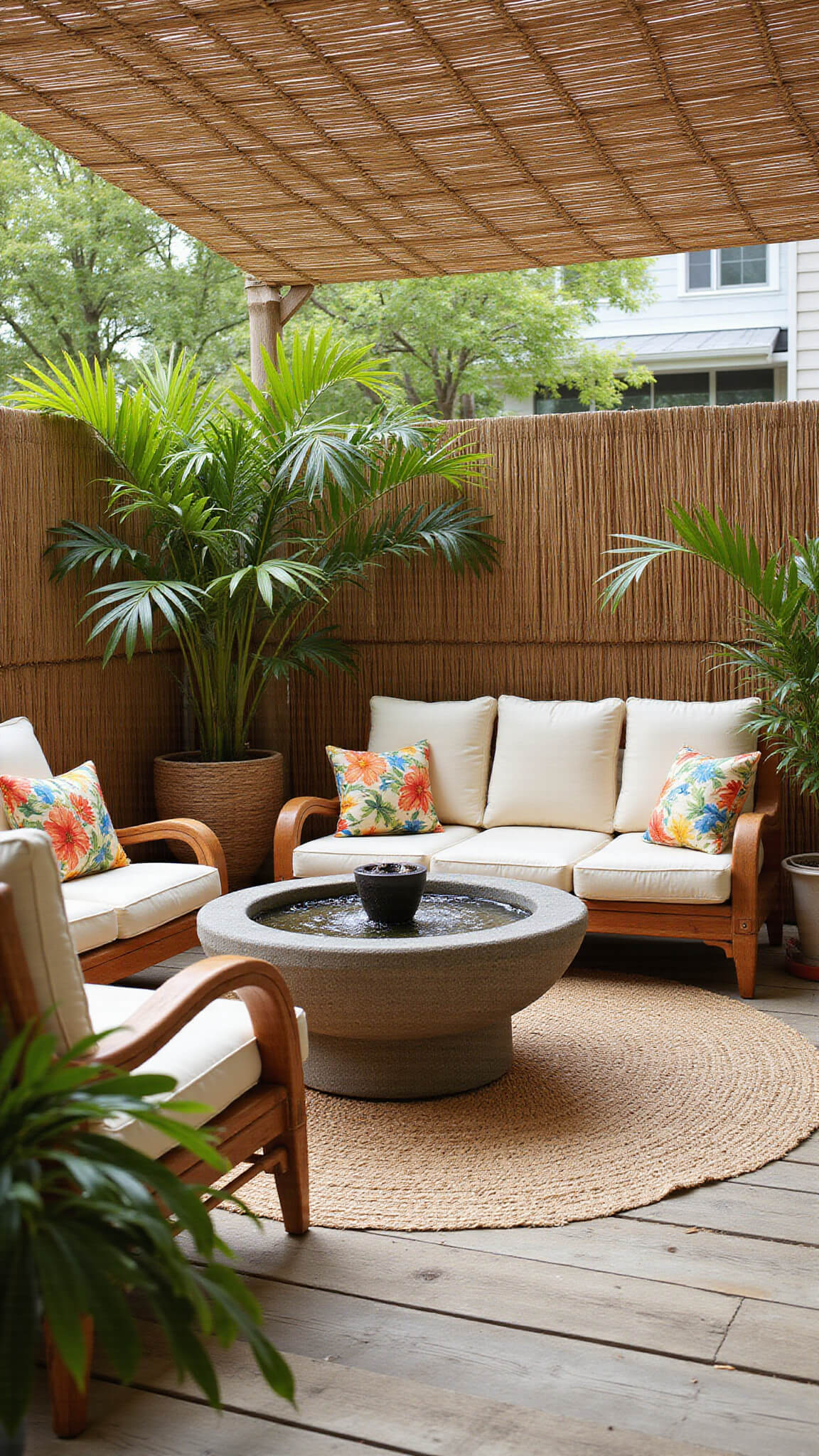 Low-angle view of a cozy suburban patio with bamboo reed canopy filtering sunlight onto rattan furniture, tropical pillows, potted palms, and a stone fountain, creating a relaxed bohemian tropical vibe.