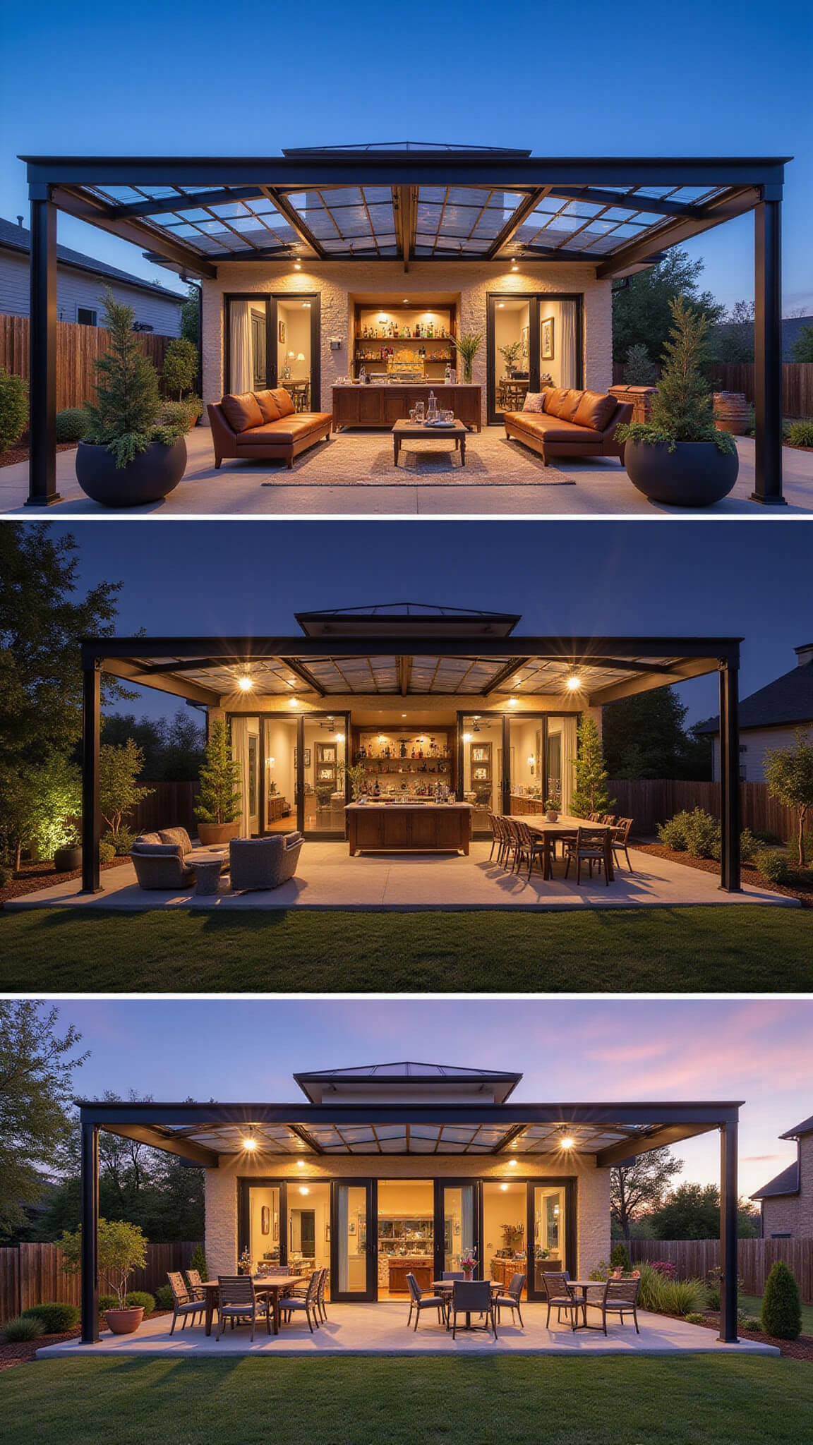 Expansive patio at sunset with industrial-chic shelter, eclectic vintage and modern furnishings, and golden hour lighting enhancing a warm, inviting atmosphere.