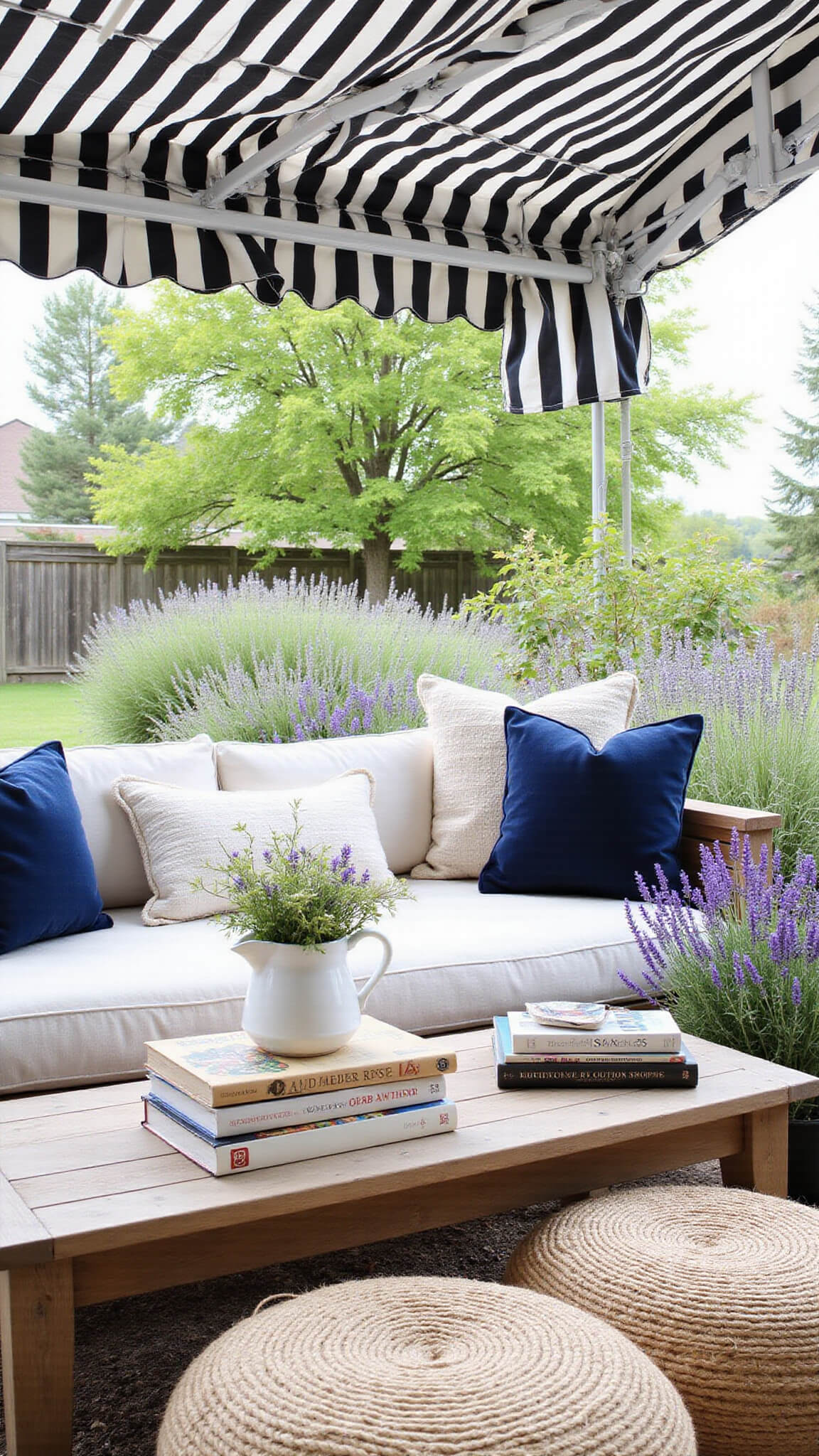 Cozy patio nook with striped retractable awning, textured pillows on a daybed, rustic coffee table with books and wildflowers, jute poufs, and potted lavender in soft afternoon light.