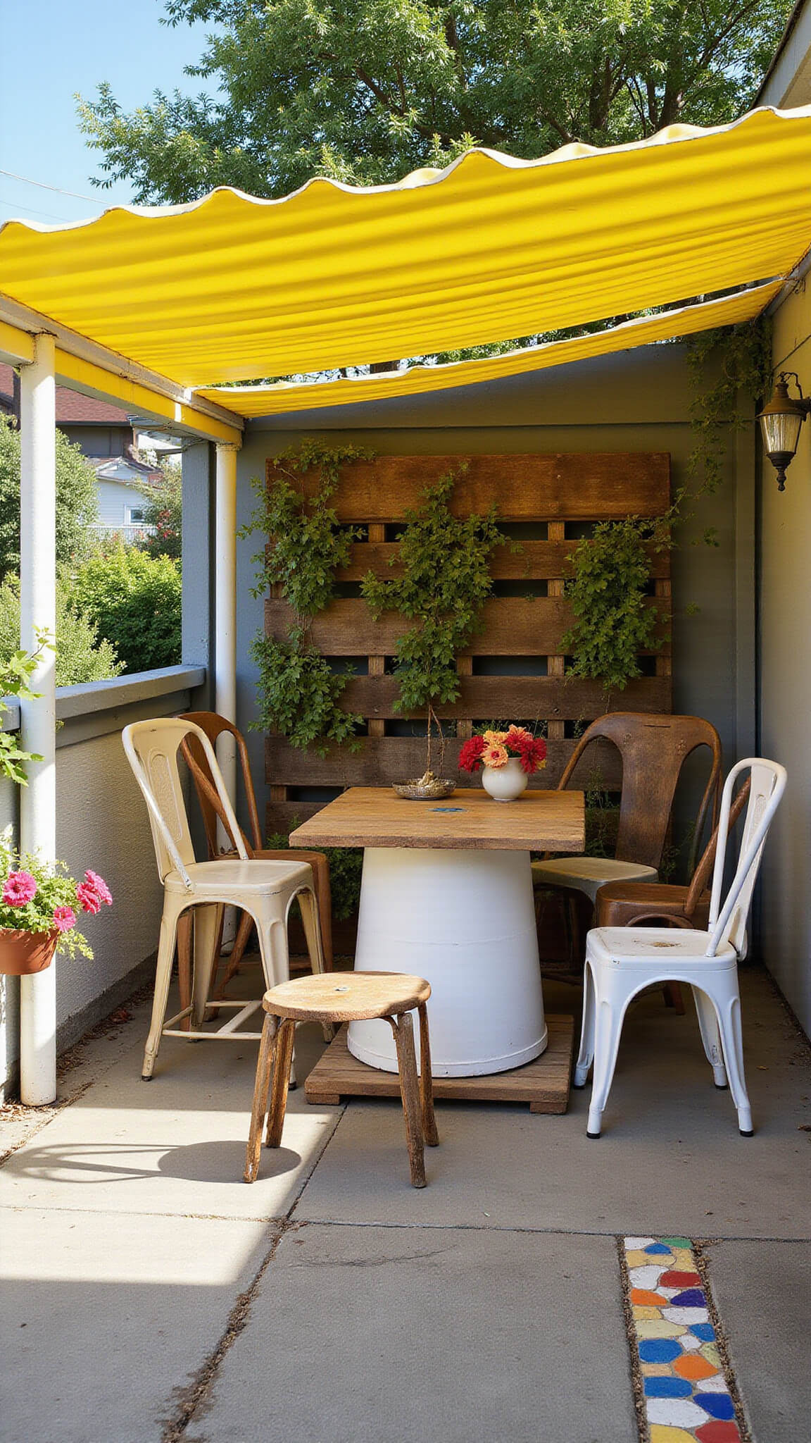 Quirky backyard patio with yellow upcycled metal awnings, mismatched vintage chairs, white-painted spool table, vertical pallet herb garden, Talavera tile border, and eclectic decorative accents in bright morning light.