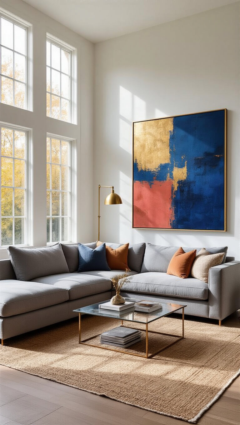 Sunlit living room with gray sectional, abstract canvas in blue, gold, and coral above sofa, layered rugs, brass lamp, and glass coffee table.