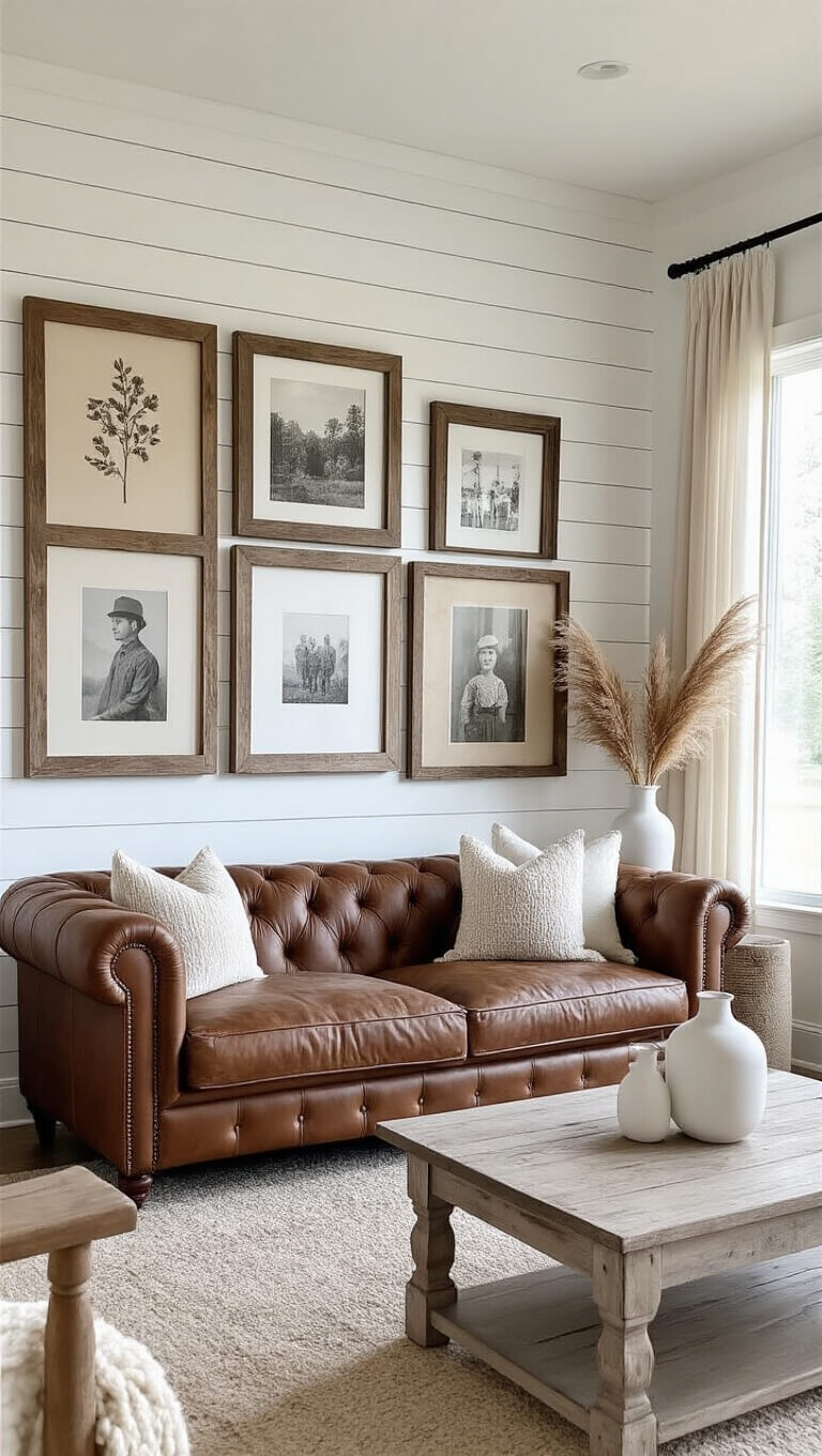 Cozy modern farmhouse living room with leather Chesterfield sofa, shiplap accent wall, and a gallery wall of vintage prints and family photos in rustic frames, softly lit by early morning light through sheer curtains.