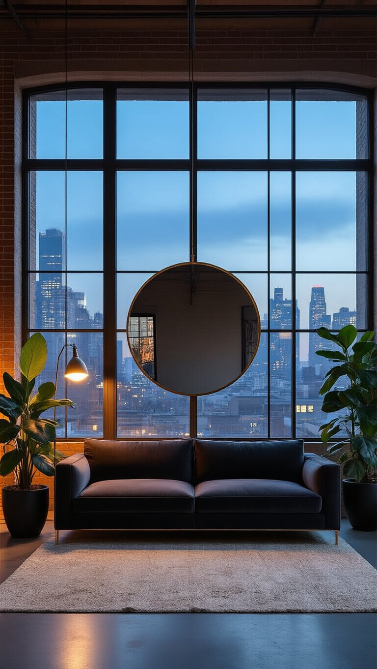 Minimalist loft living area with concrete floors, exposed brick, and large round mirror above charcoal velvet sofa reflecting city lights through floor-to-ceiling windows.