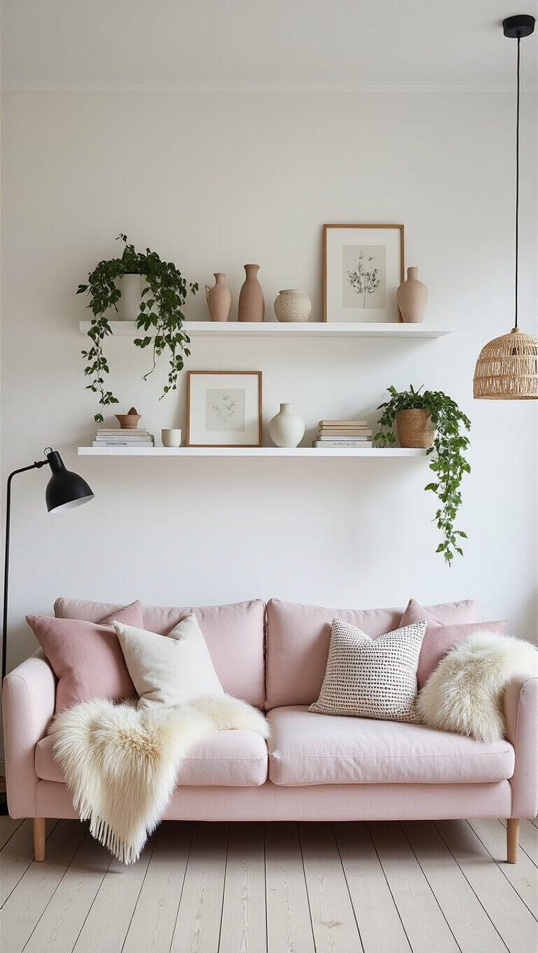Scandinavian-style living room with staggered floating shelves above a pale pink sofa, styled with art, books, vases, and plants; soft daylight highlights minimalist decor and natural textures.