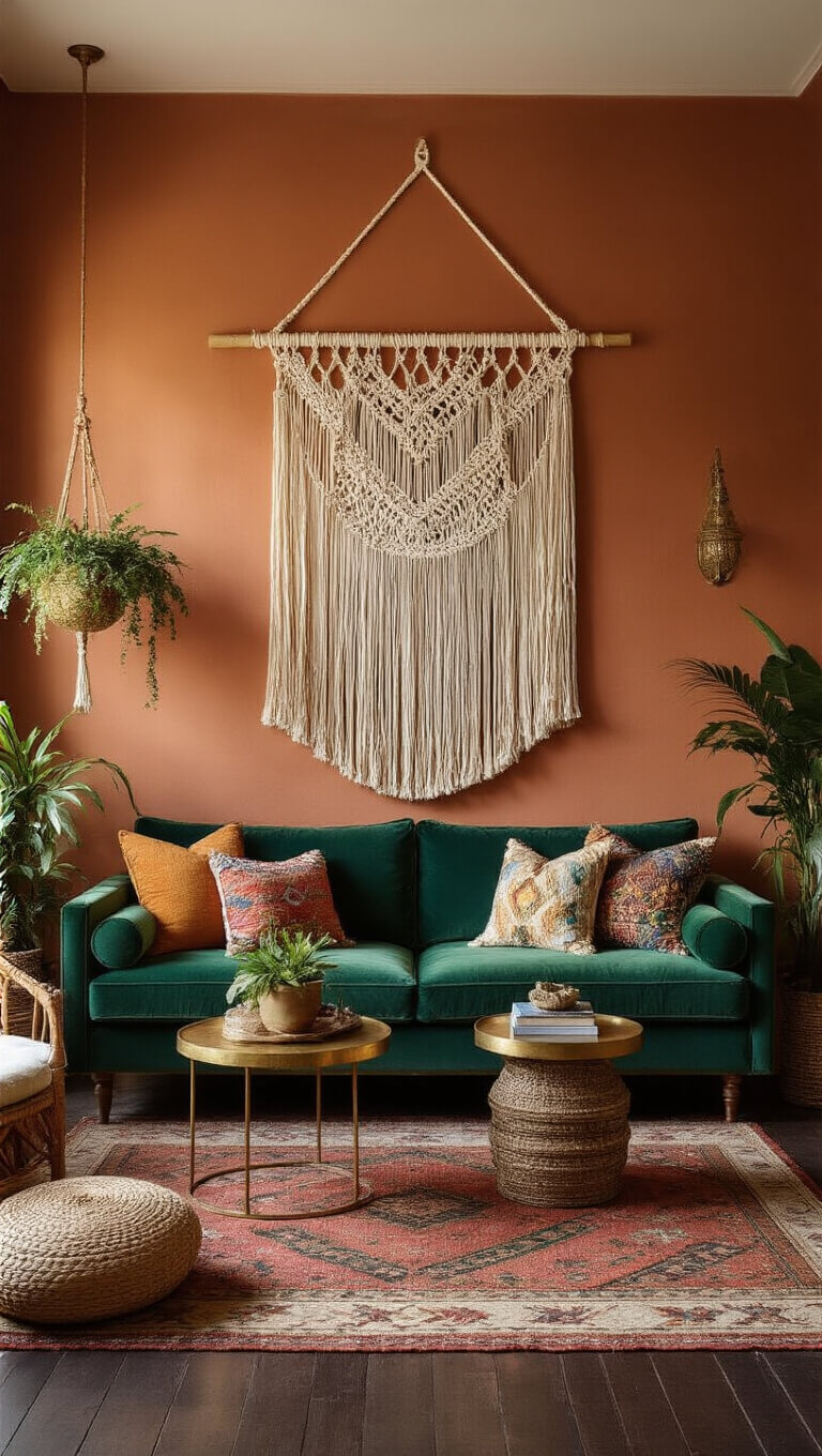 Eclectic boho living room with terracotta walls, emerald green velvet sofa beneath large cream macramé wall hanging, vintage kilim rugs, brass side tables, woven baskets with plants, and warm golden hour lighting.