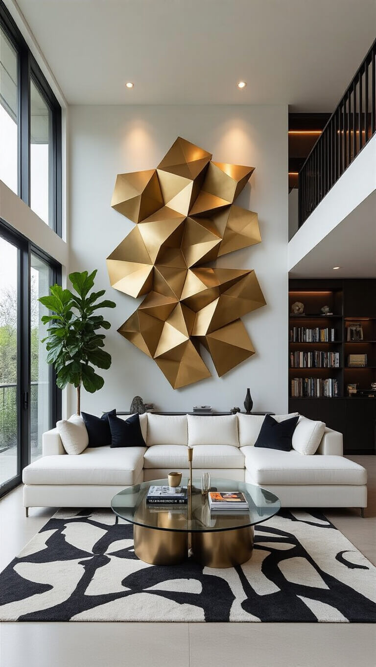 Contemporary open-concept living room with large metal geometric wall sculpture above a white sectional, glass coffee table, abstract rug, and floor-to-ceiling windows.