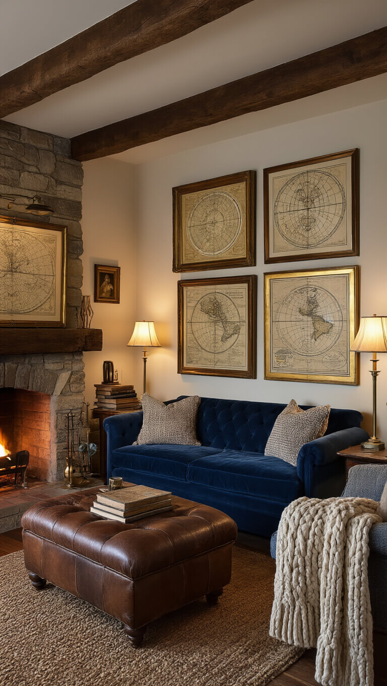 Cozy cottage living room with beamed ceiling, stone fireplace, and warm lamplight; vintage map gallery wall in mixed antique frames above deep blue velvet loveseat, surrounded by a cable knit throw, distressed leather ottoman, brass lamp, and stacks of old books.