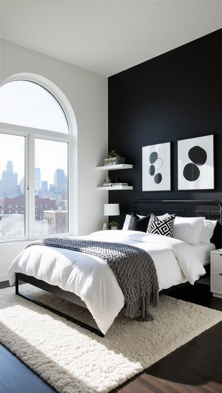 Modern apartment bedroom with black accent wall, king-size bed, white bedding, large arched window, abstract art, and natural morning light.
