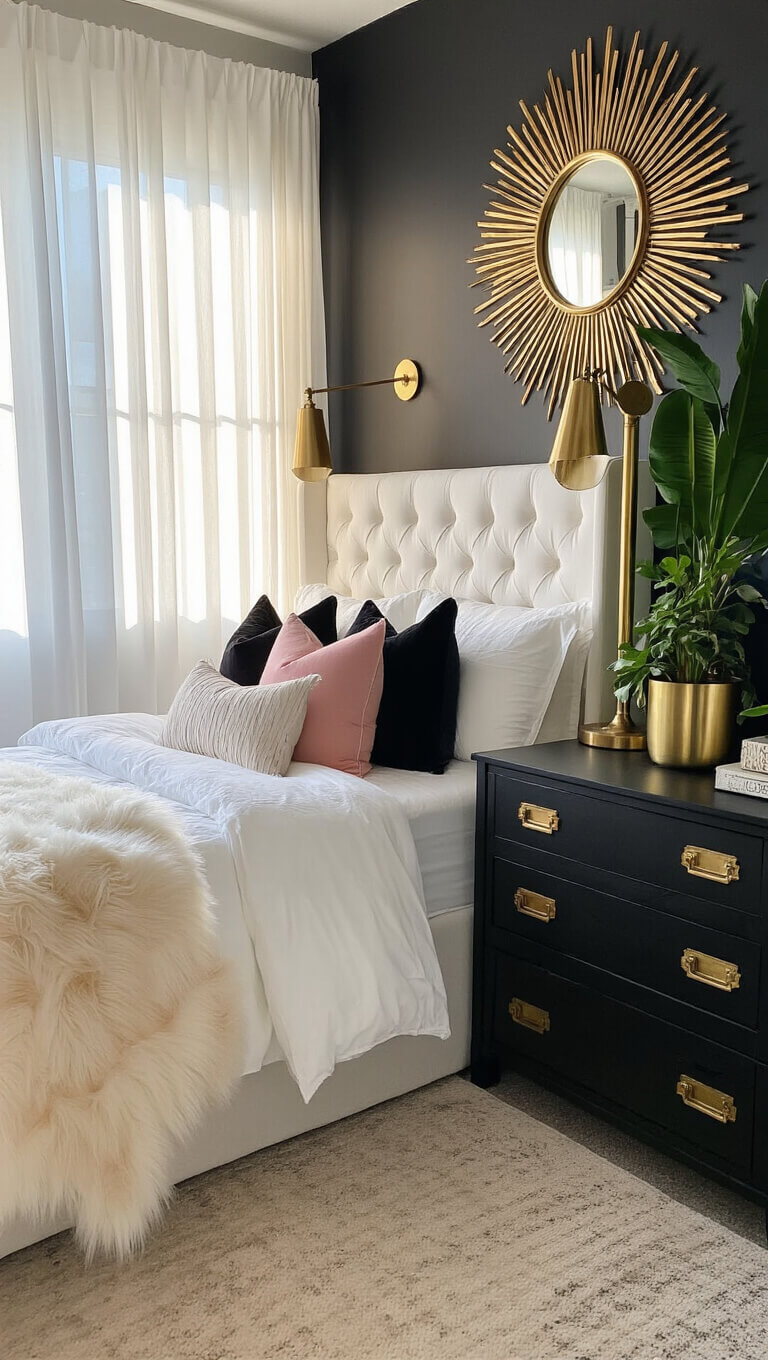 Cozy golden hour bedroom with white tufted headboard, black feature wall, gold sunburst mirror, and soft light filtering through sheer curtains.