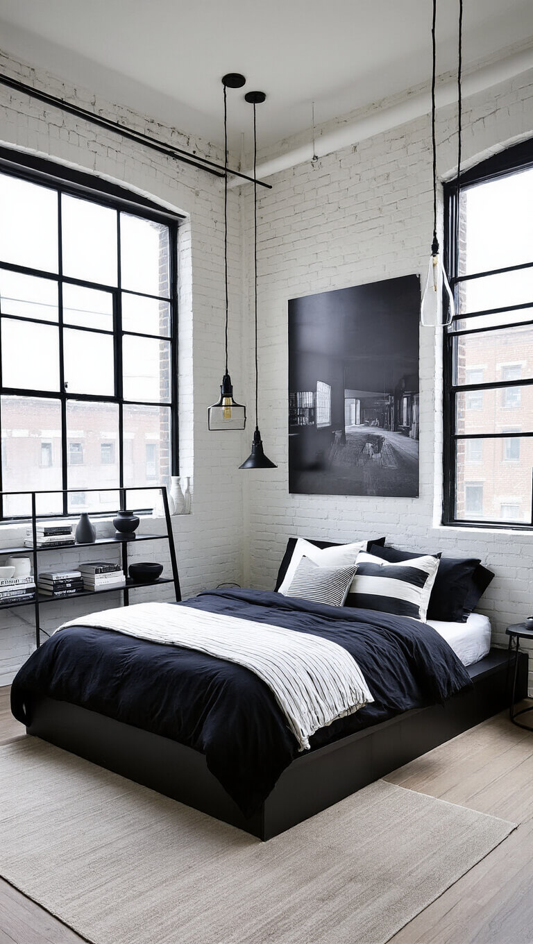 Modern loft-style bedroom with white brick walls, black-framed windows, platform bed, industrial lighting, ladder shelf, and large black and white artwork, viewed from above in natural daylight.