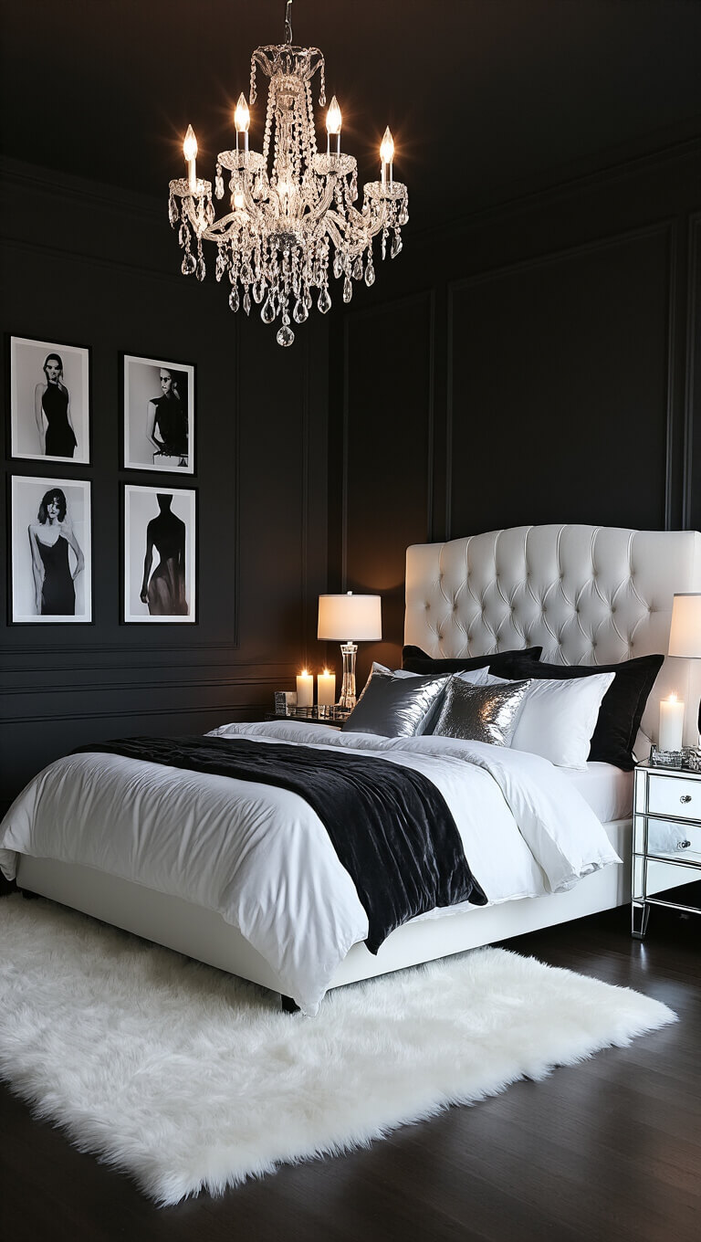 Chic 11x13 ft bedroom at dusk with charcoal walls, white velvet headboard, crystal chandelier, layered monochrome bedding, mirrored nightstand, faux fur rug, and black-and-white fashion photography.