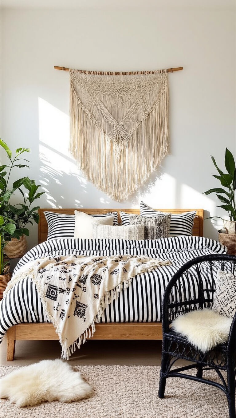 Bohemian 12x14 ft bedroom with macramé wall hanging, low wooden bed, black and white bedding, Moroccan blanket, plants, woven baskets, and rattan chair in late afternoon light.