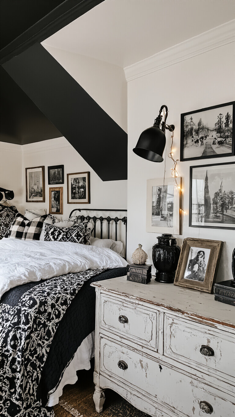 Eclectic 13x15 ft bedroom at twilight with black ceiling, wrought iron bed, black and white linens, vintage photo gallery wall, distressed dresser, and warm fairy lights.