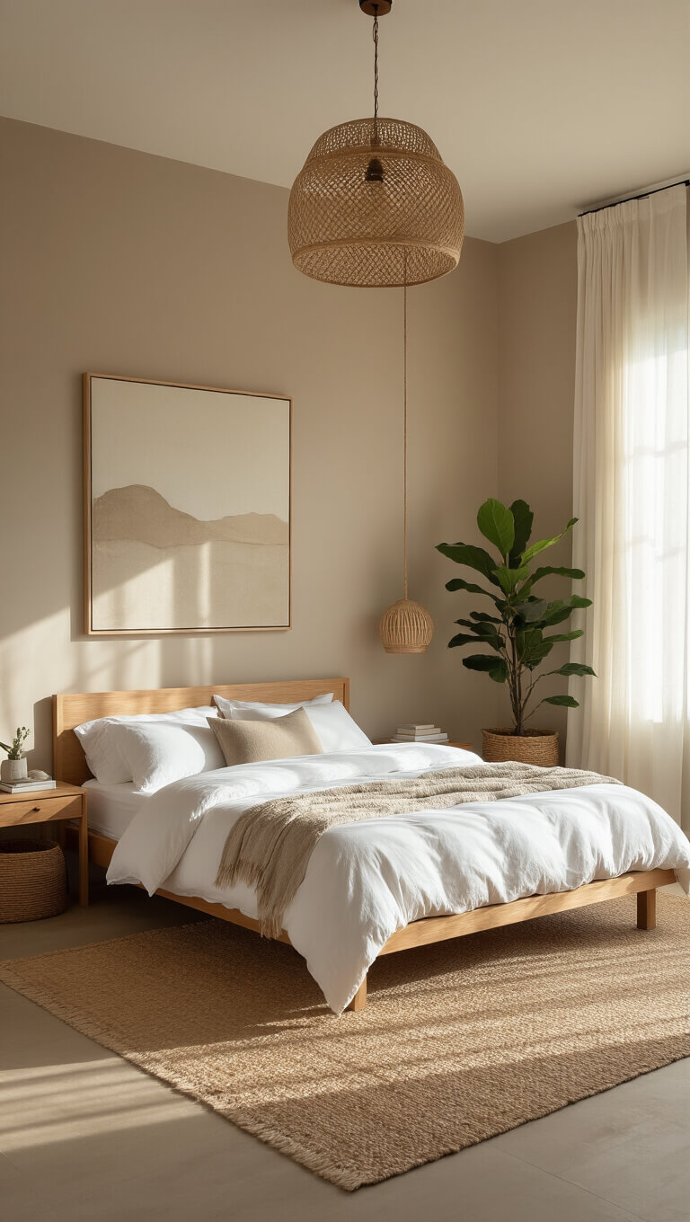 Spacious 14x16 ft bedroom with oak platform bed, white linens, taupe walls, abstract art, jute rug, rattan pendant, fiddle leaf fig, and sheer linen curtains in soft morning light.
