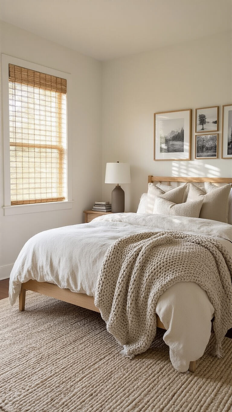 Cozy sunlit bedroom with linen bed, layered neutral bedding, and textured decor in warm tones.