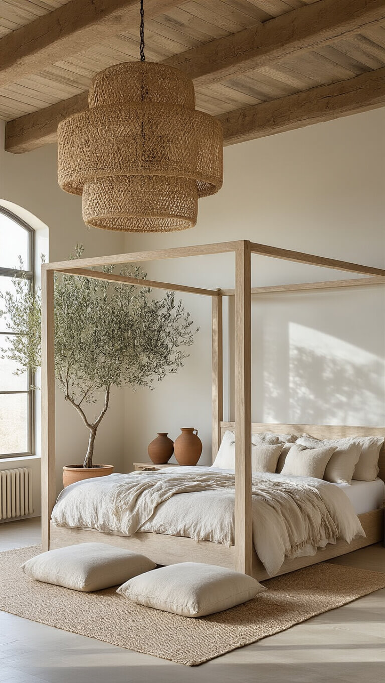 High-angle view of an airy loft bedroom with exposed wooden beams, 20 ft ceilings, a sculptural bleached oak four-poster bed, rumpled linen bedding, bouclé floor cushions, rattan chandelier casting shadows, potted olive tree, and earthenware vessels in warm afternoon light.