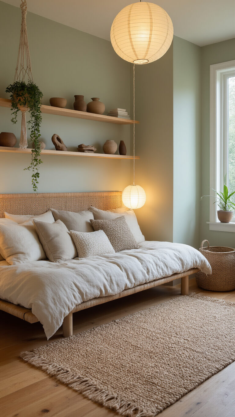 Cozy sage green bedroom at twilight with futon bed, paper lanterns, ceramic decor, and warm layered textures.
