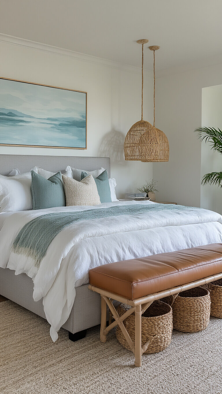 Luxurious 16x18 master bedroom at dawn with pale gray upholstered bed, white bedding, blue-green accents, rattan pendants, cognac leather bench, coastal artwork, and organic decor in serene tones.