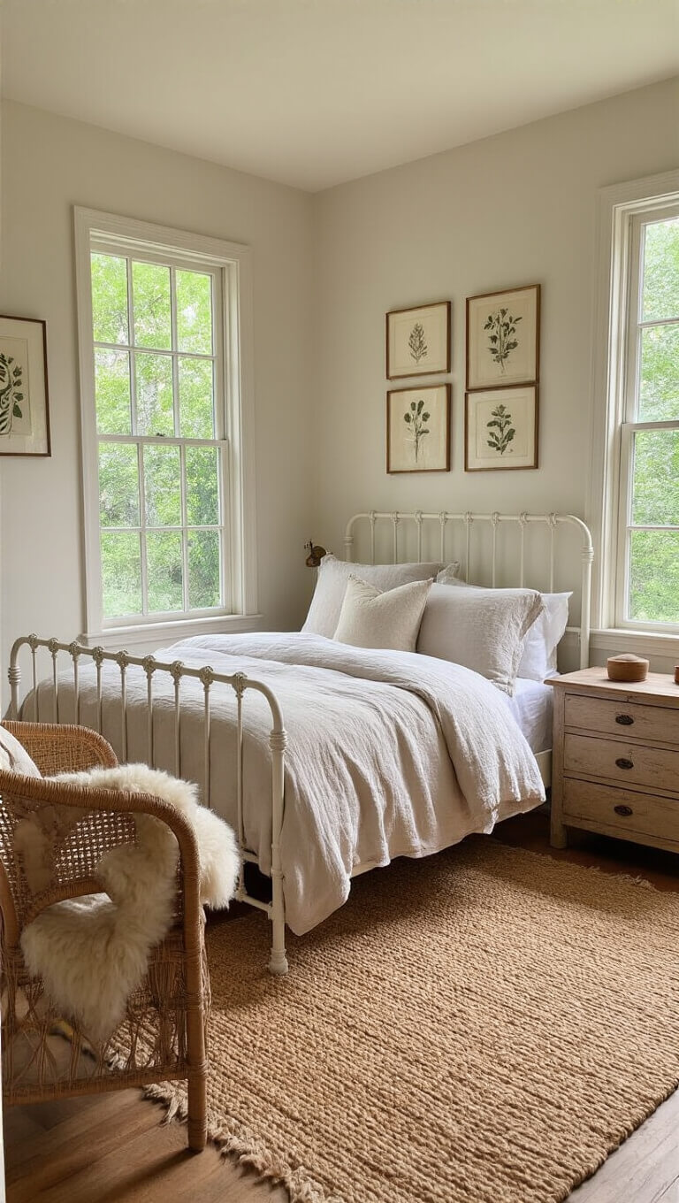 Sunlit vintage bedroom with wrought-iron bed, earth-tone linens, mismatched wood nightstands, jute rug on oak floor, and rattan armchair by window.
