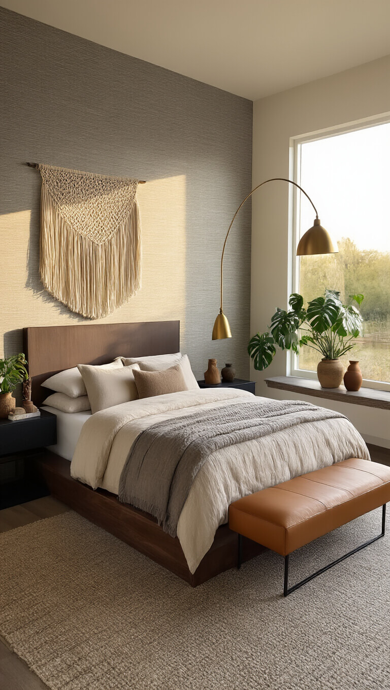 Modern sunset-lit bedroom with dark walnut platform bed, layered neutral linens, asymmetrical metal nightstands, brass arc lamp, textured gray wallpaper, macramé wall art, caramel leather bench, and organic decor elements.