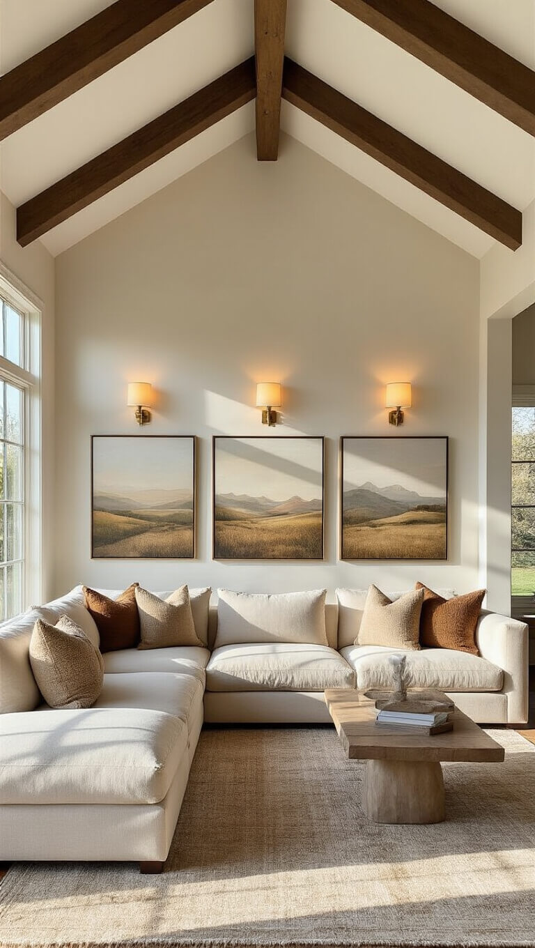 Sunlit living room with vaulted ceilings, exposed wooden beams, cream sectional, earth-tone pillows, brass wall sconces, abstract landscape gallery wall, and layered rugs on hardwood floors.