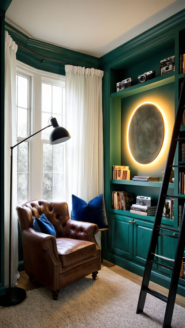 Close-up of a backlit circular mirror reflecting a cozy reading nook with emerald green walls, tufted leather armchair, and built-in bookshelves, surrounded by floating shelves holding vintage cameras and art books, under soft morning light and warm LED glow.