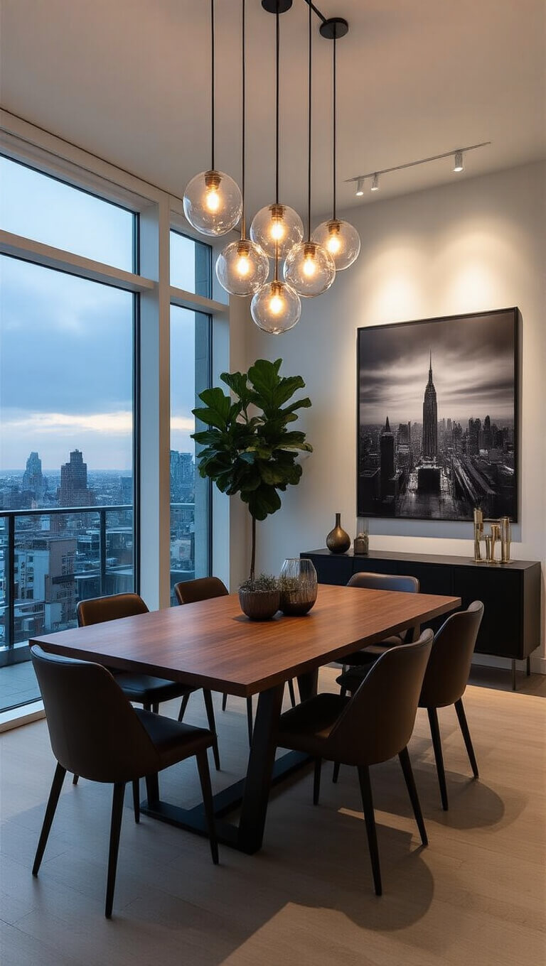 Minimalist dining room with walnut table, glass orb chandelier, black and cognac chairs, large city-facing windows at dusk, sideboard with lit black-and-white photo, and fiddle leaf fig tree.