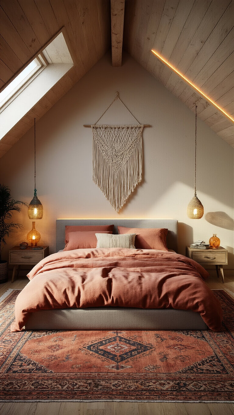 Bohemian bedroom with slanted ceilings, dormer windows, terracotta and blush linen bedding, macramé wall hanging with LED backlighting, vintage nightstands, colorful lamps, and layered Moroccan rugs on pine floors.