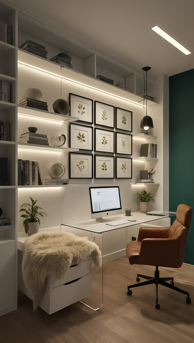 Close-up of a modern home office with acrylic floating desk, built-in shelving, illuminated botanical prints, and task lighting, featuring mid-century leather chair and warm accents in wood, white, and emerald green.