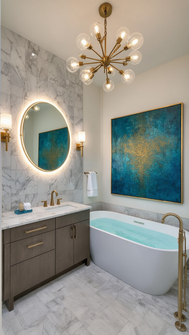 Luxurious master bathroom with freestanding soaking tub, double vanity, backlit circular mirror, gold and blue abstract art, and modern brass chandelier, bathed in soft morning light.