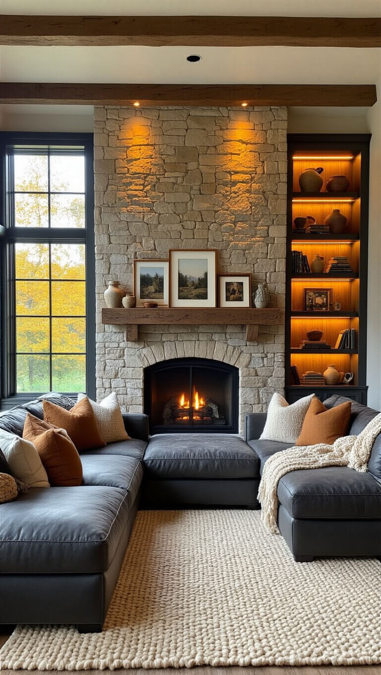 Cozy family room with stone fireplace, gray leather sectional, autumn-hued pillows, oak floors, cream knit rug, and built-in lit bookshelves.