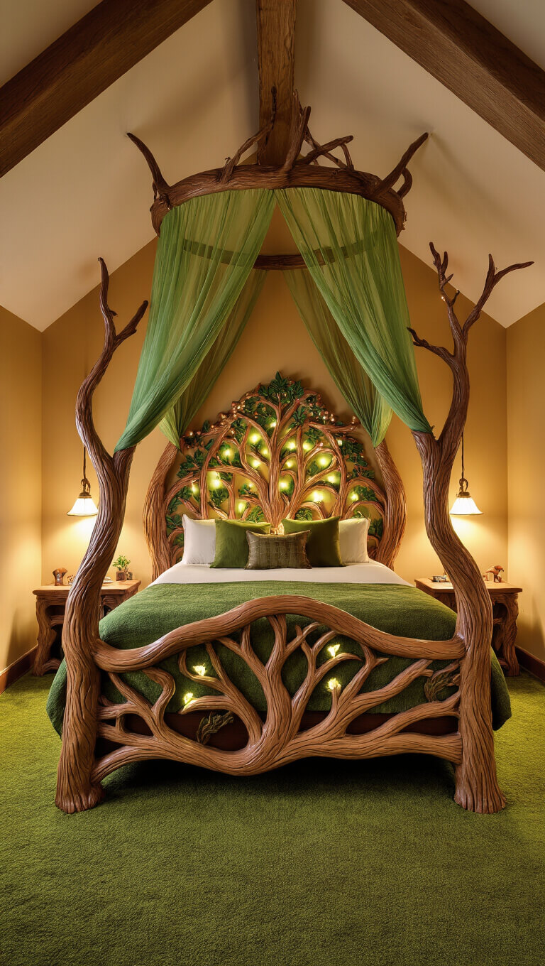 Wide-angle view of a 14x16 ft vaulted-ceiling bedroom featuring a hand-carved oak forest-themed bed with leaf and mushroom details, sheer green canopy drapes, moss-green carpet, and warm amber walls, softly lit to highlight its magical, nature-inspired design.