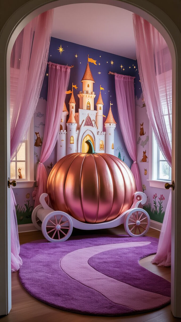 Low-angle view from inside a rose gold carriage bed in a cozy child's bedroom, featuring tulle curtains, hand-painted woodland walls, a plush purple forest-path rug, and a glowing castle nightlight.